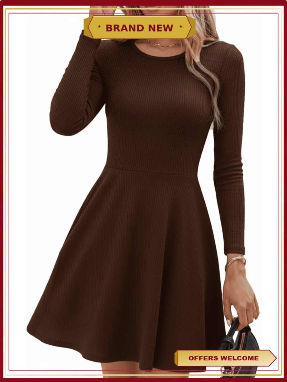 Women's Ribbed Knit Long Sleeve A-Line Sweater Dress Crewneck Fall Winter